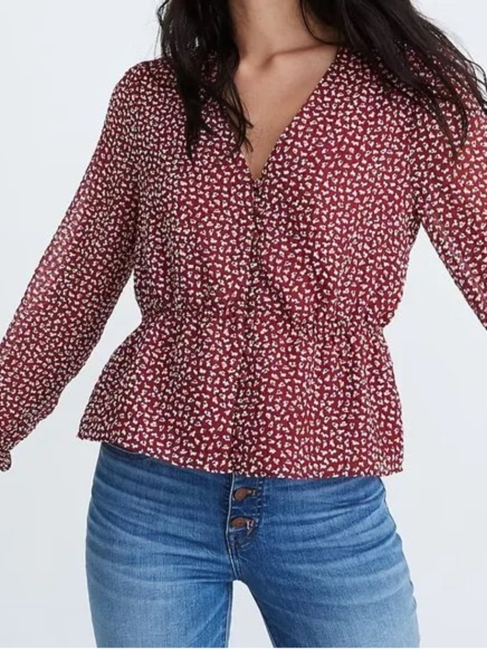 Madewell | Red Floral V-Neck Peplum Blouse